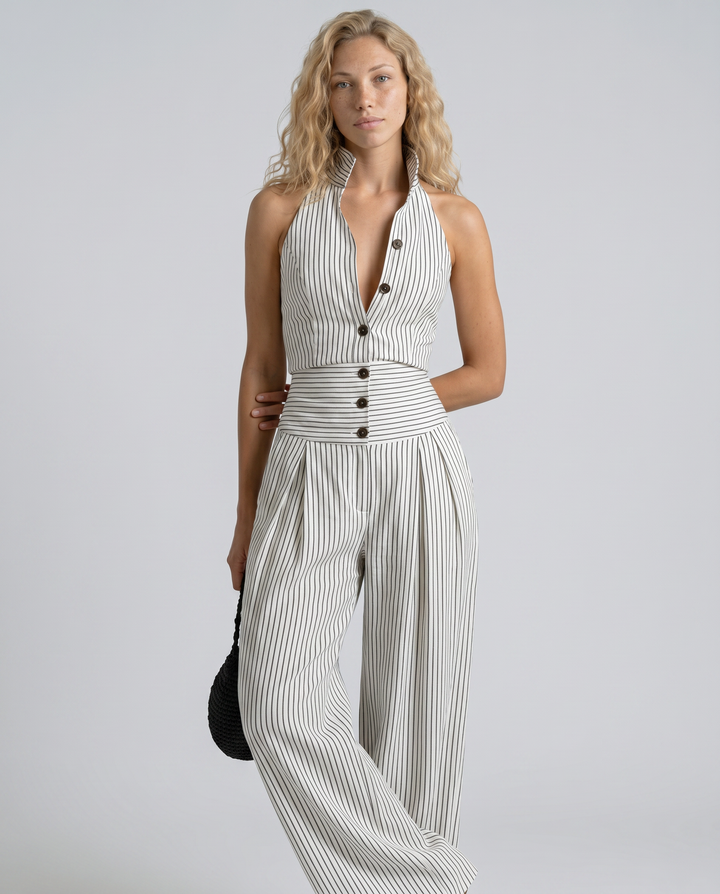 Letha | Striped Halter Neck Wide-Leg Jumpsuit