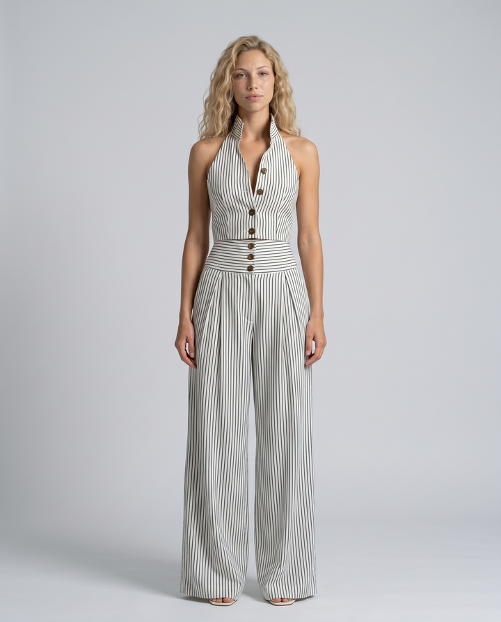 Letha | Striped Halter Neck Wide-Leg Jumpsuit