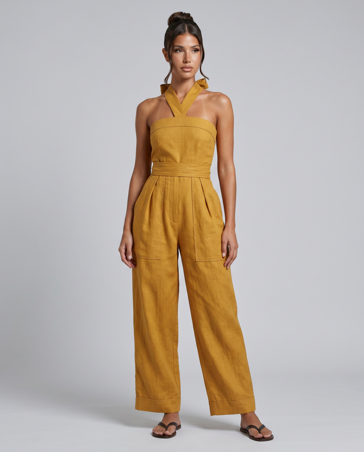 Mayra | Linen-Blend Jumpsuit with Crisscross Neckline