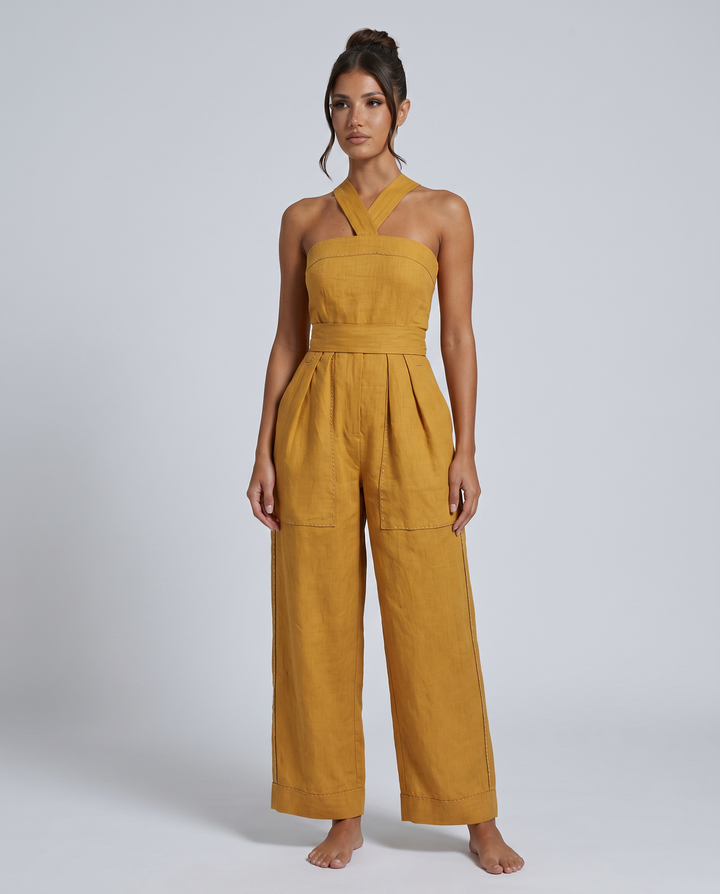 Mayra | Linen-Blend Jumpsuit with Crisscross Neckline