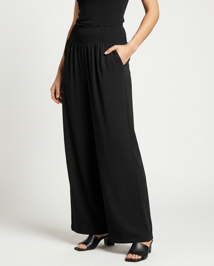Doris | Wide Leg Trousers with Shirred Elastic Waist