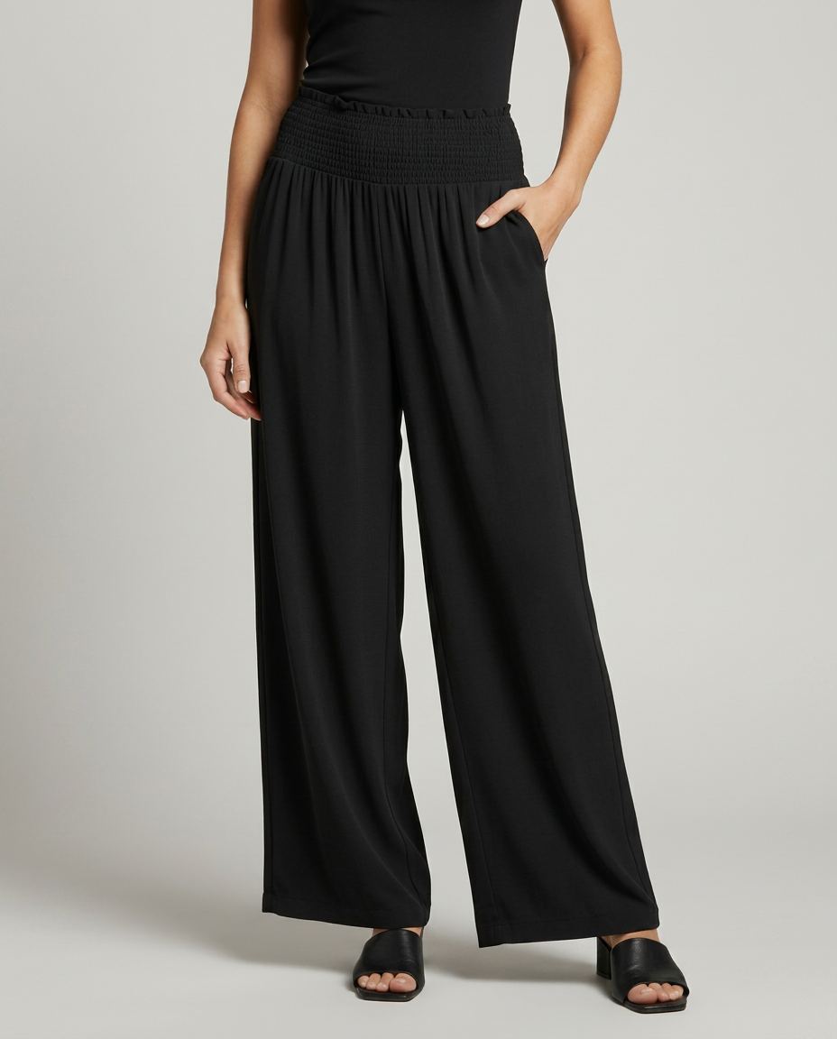 Doris | Wide Leg Trousers with Shirred Elastic Waist