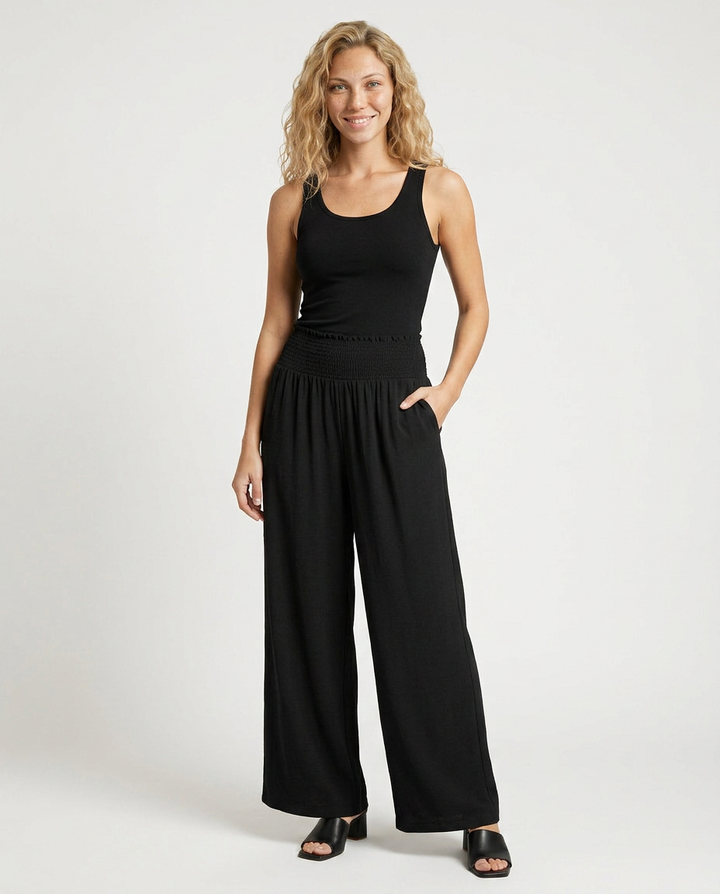 Doris | Wide Leg Trousers with Shirred Elastic Waist
