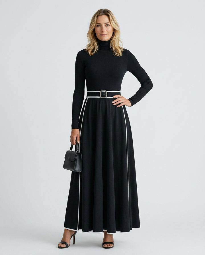 Audra | High-Neck Maxi Dress with Contrast Trim and Belt