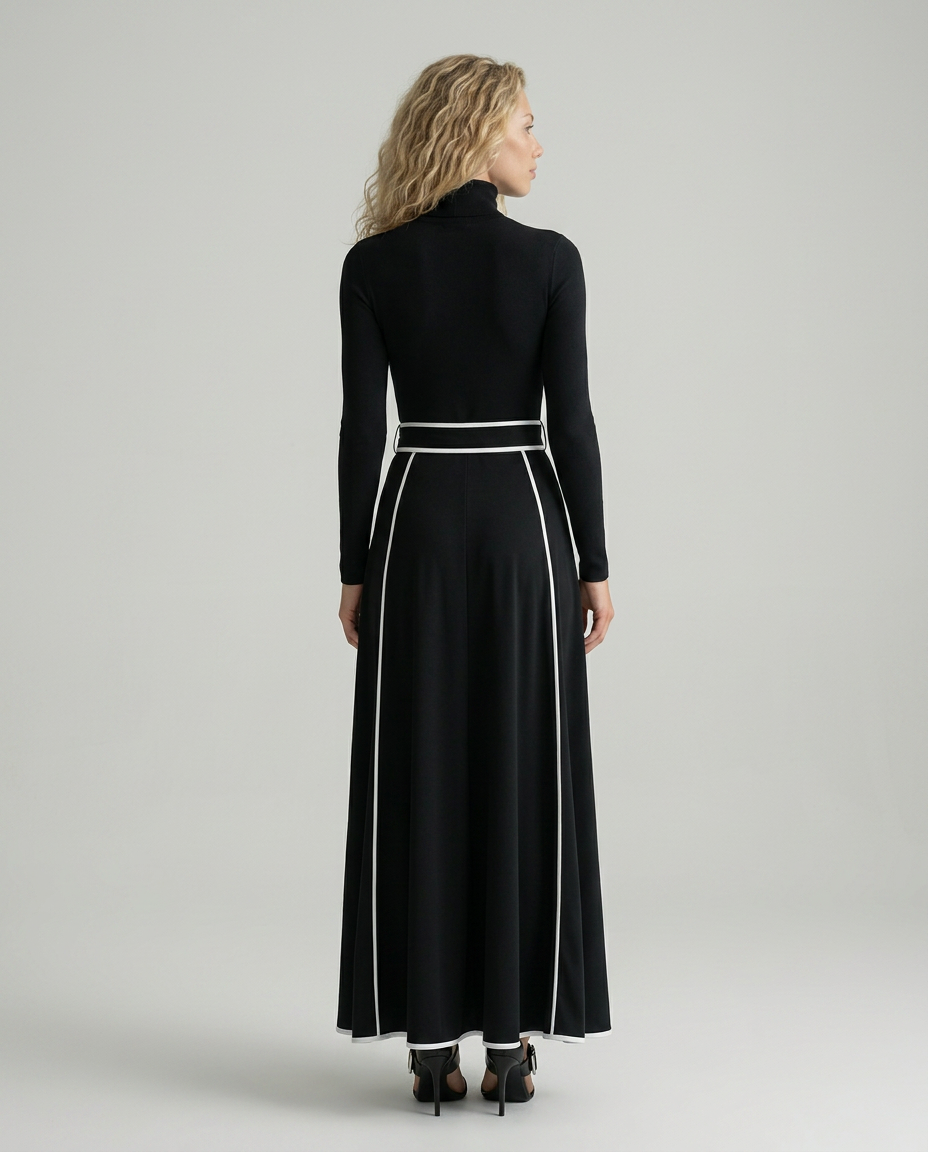 Audra | High-Neck Maxi Dress with Contrast Trim and Belt