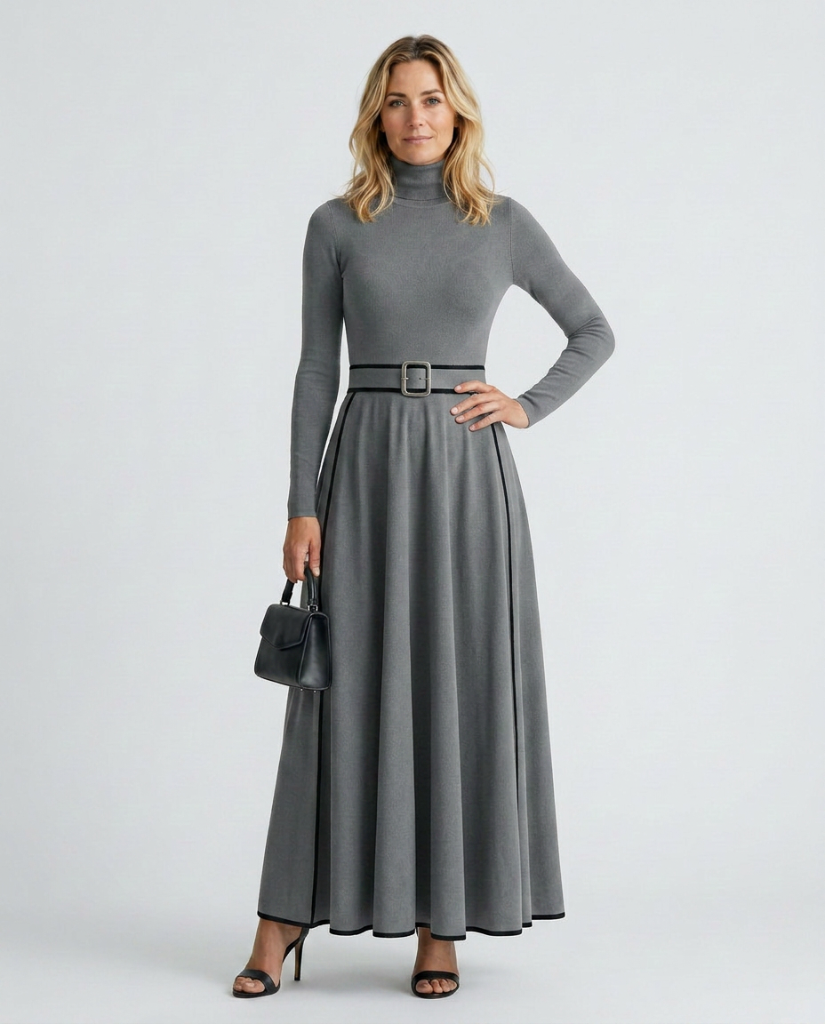Audra | High-Neck Maxi Dress with Contrast Trim and Belt