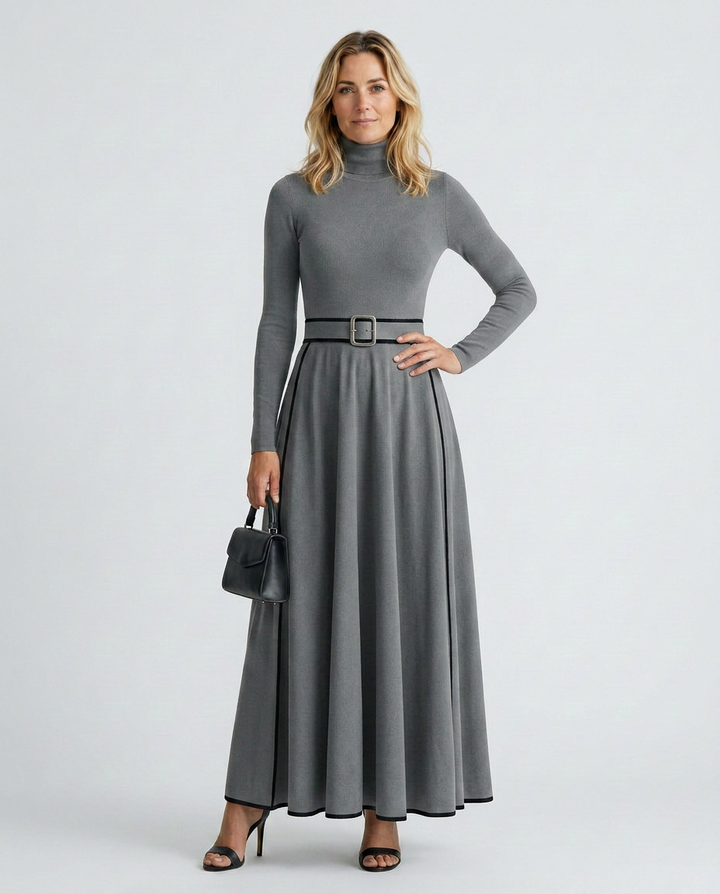 Audra | High-Neck Maxi Dress with Contrast Trim and Belt