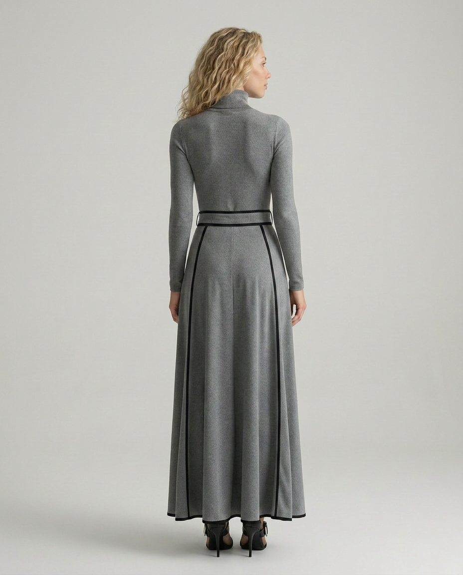 Audra | High-Neck Maxi Dress with Contrast Trim and Belt