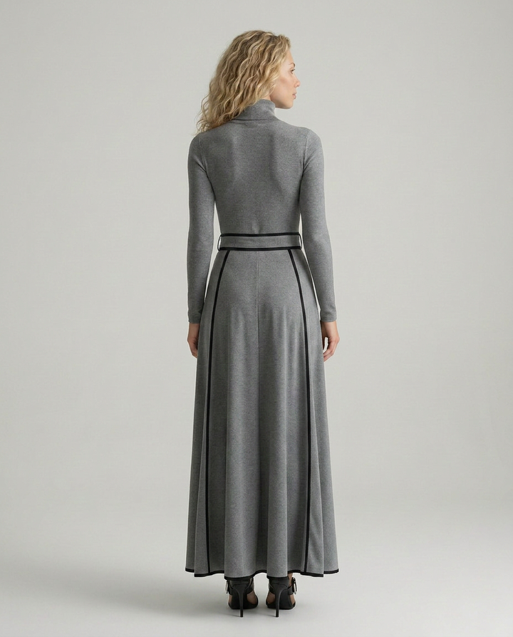 Audra | High-Neck Maxi Dress with Contrast Trim and Belt
