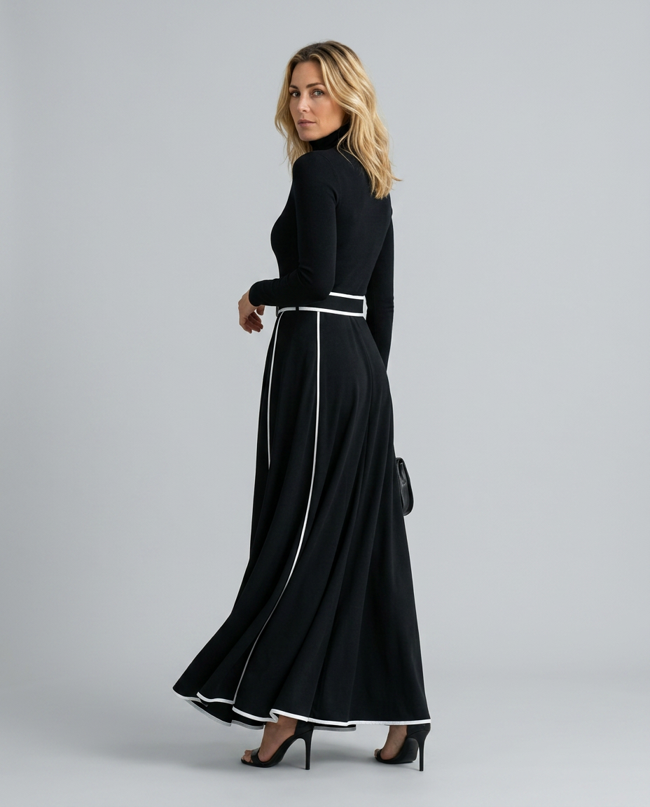 Audra | High-Neck Maxi Dress with Contrast Trim and Belt