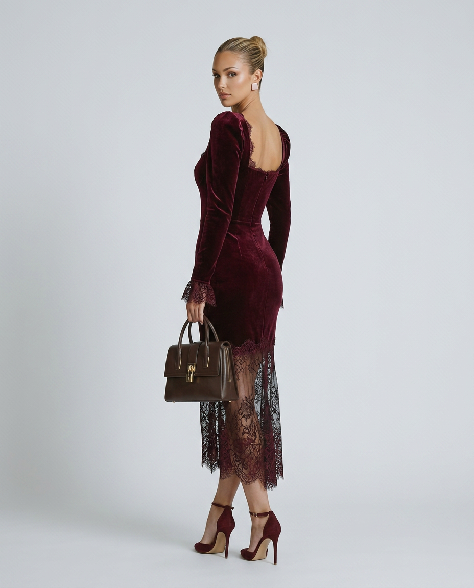 Winnie | Velvet Lace Fitted Maxi Dress with Long Sleeves