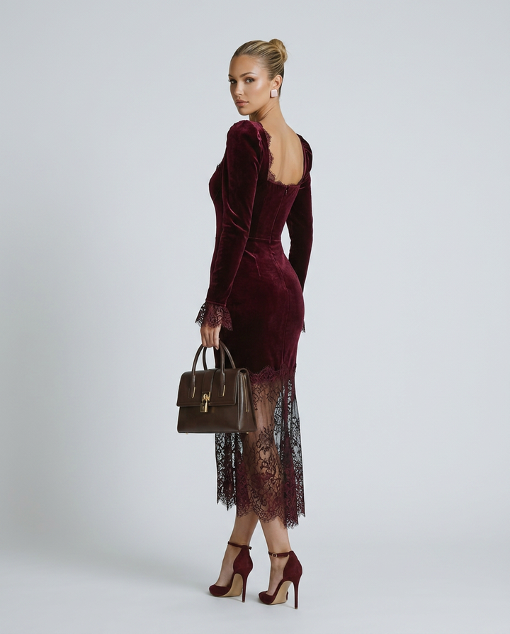 Winnie | Velvet Lace Fitted Maxi Dress with Long Sleeves