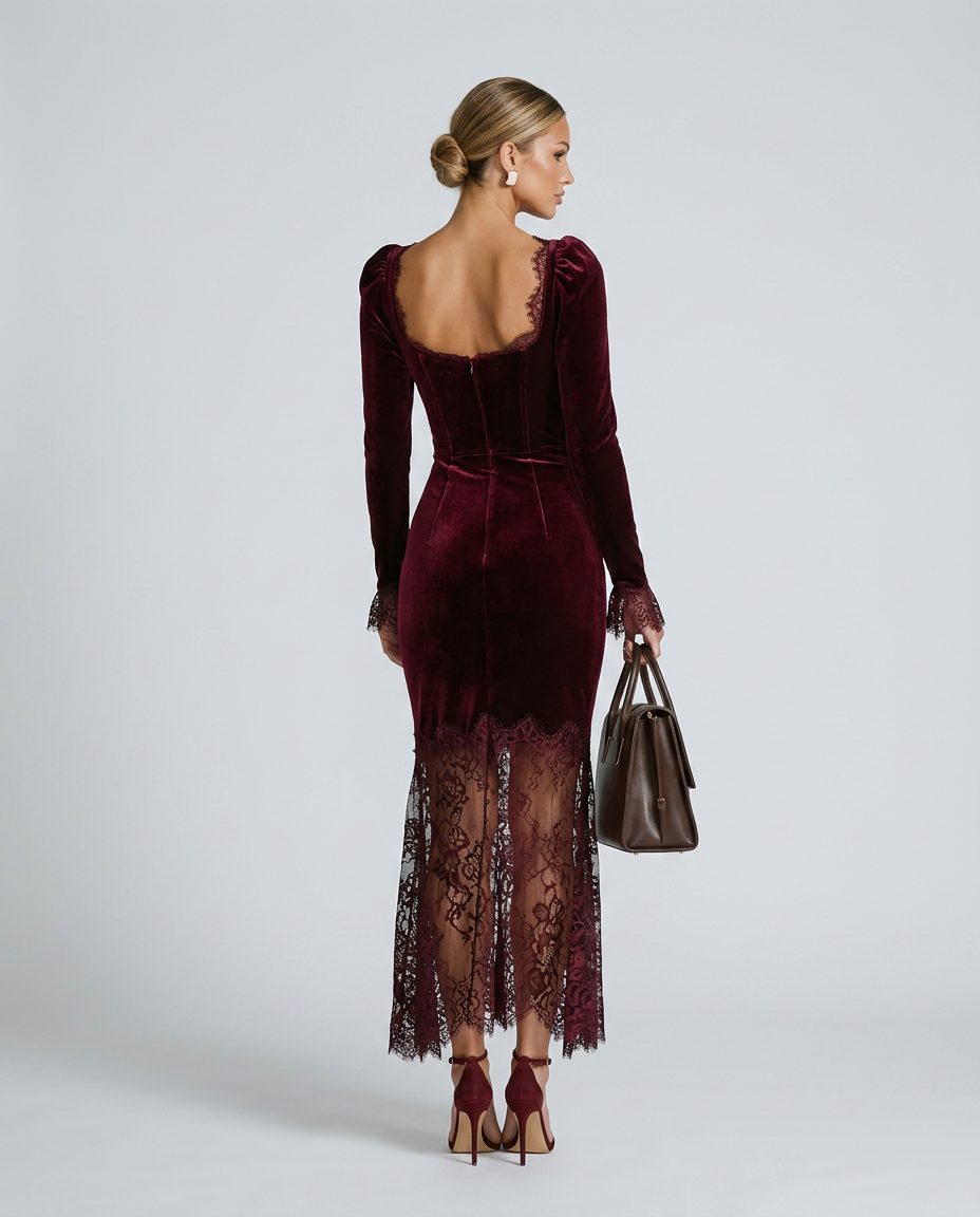 Winnie | Velvet Lace Fitted Maxi Dress with Long Sleeves