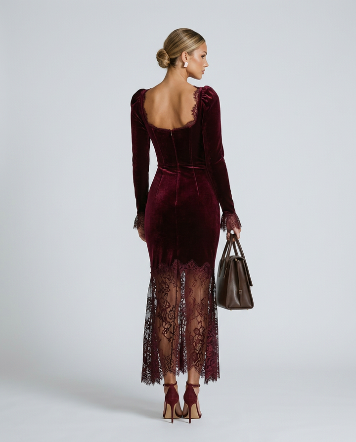 Winnie | Velvet Lace Fitted Maxi Dress with Long Sleeves