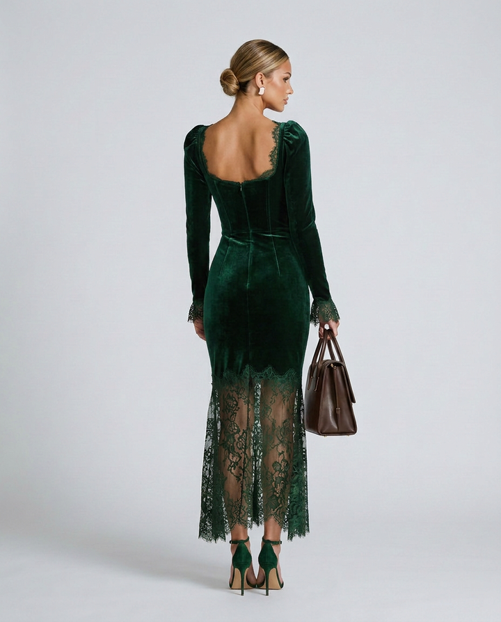 Winnie | Velvet Lace Fitted Maxi Dress with Long Sleeves