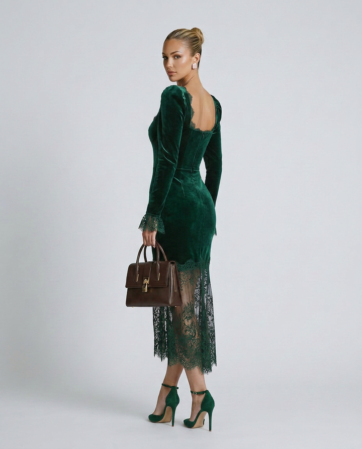 Winnie | Velvet Lace Fitted Maxi Dress with Long Sleeves
