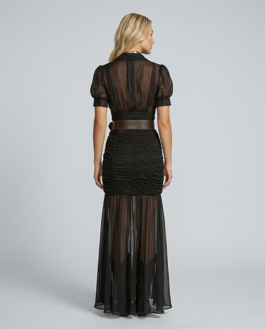 Greta | Pleated Maxi Dress with Lapel Collar and Waist Detail