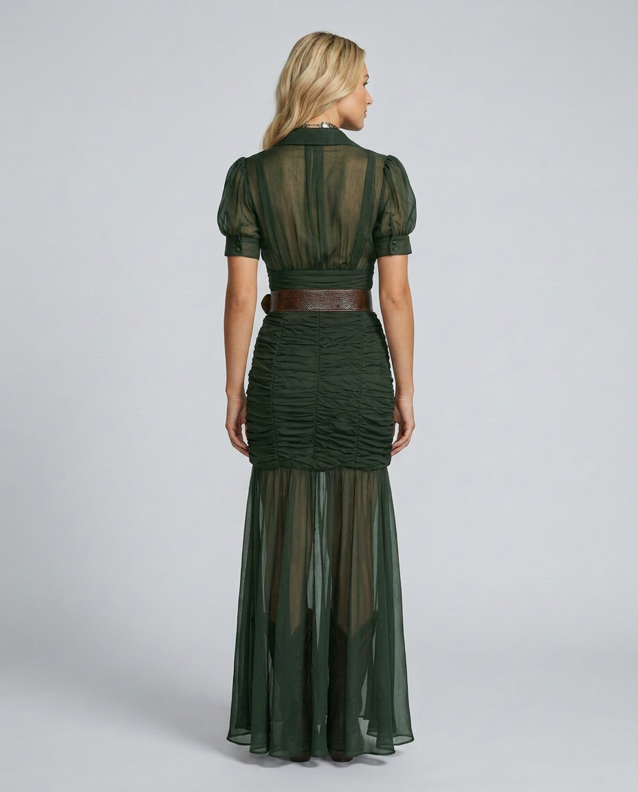 Greta | Pleated Maxi Dress with Lapel Collar and Waist Detail