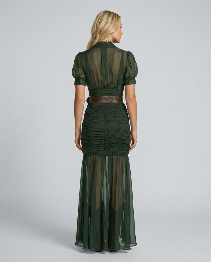 Greta | Pleated Maxi Dress with Lapel Collar and Waist Detail