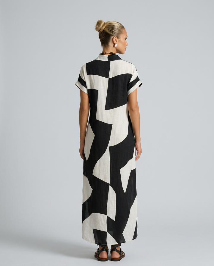 Jami | Geometric Print Maxi Shirt Dress with Lapel Collar