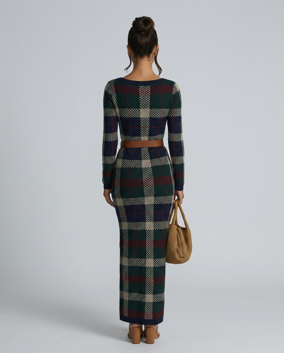 Jerry | Check Knit Maxi Dress with Belted Waist