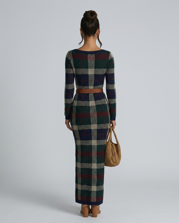 Jerry | Check Knit Maxi Dress with Belted Waist