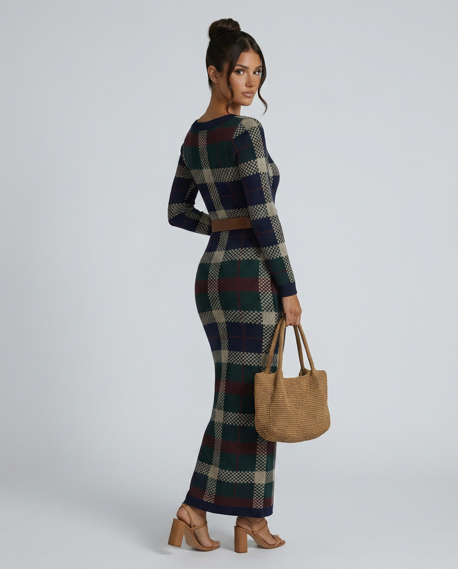 Jerry | Check Knit Maxi Dress with Belted Waist