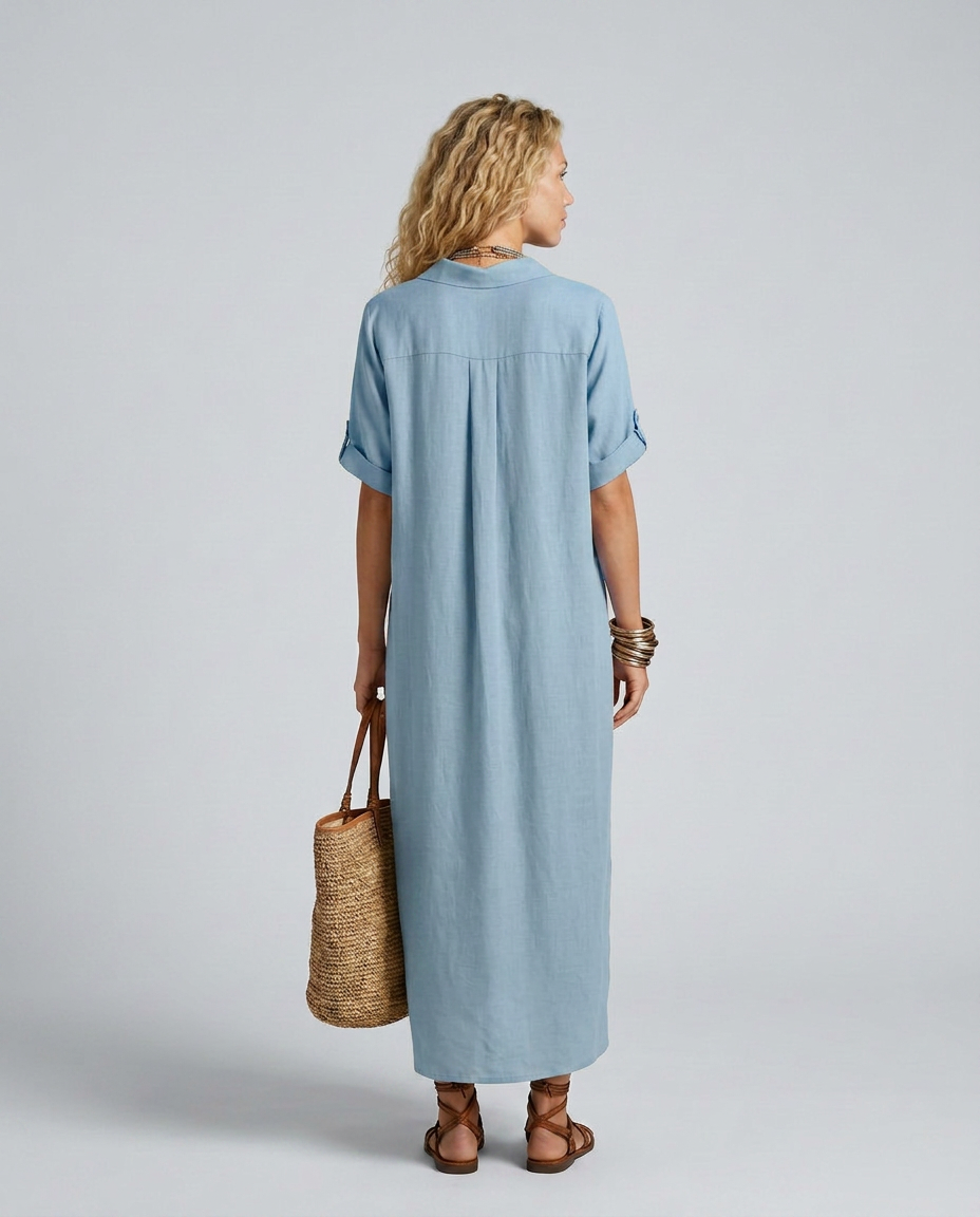 Elva | Linen-Blend Maxi Shirt Dress with Short Sleeves
