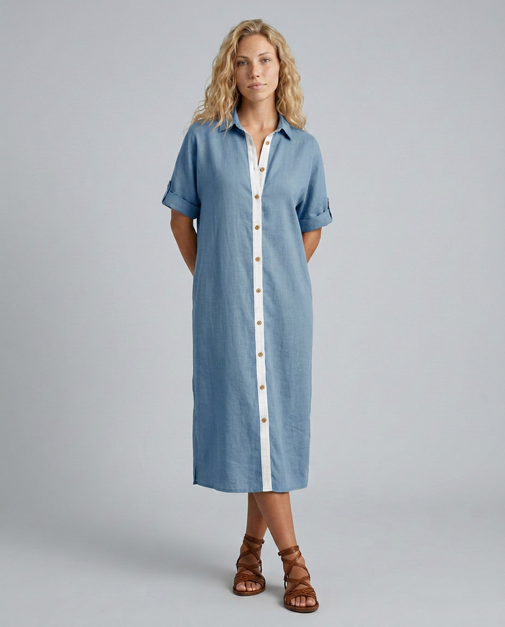 Elva | Linen-Blend Maxi Shirt Dress with Short Sleeves