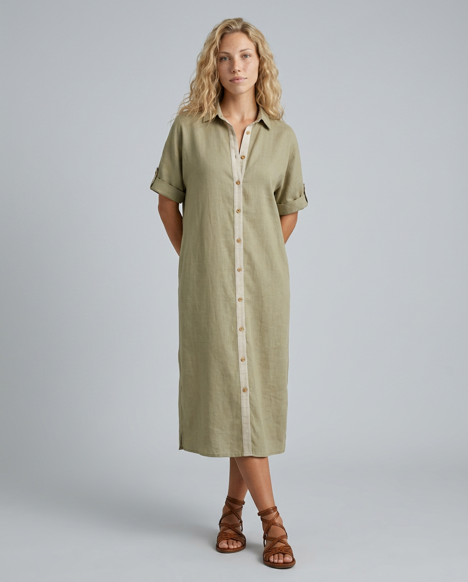 Elva | Linen-Blend Maxi Shirt Dress with Short Sleeves