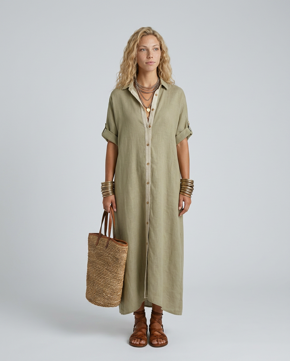 Elva | Linen-Blend Maxi Shirt Dress with Short Sleeves