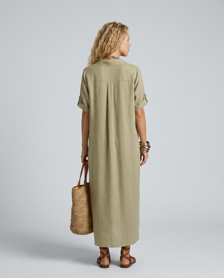 Elva | Linen-Blend Maxi Shirt Dress with Short Sleeves