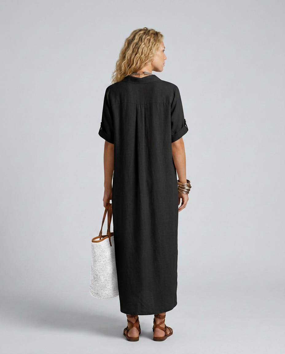 Elva | Linen-Blend Maxi Shirt Dress with Short Sleeves