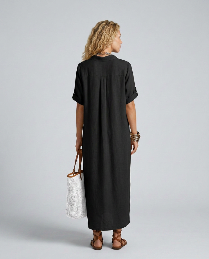 Elva | Linen-Blend Maxi Shirt Dress with Short Sleeves