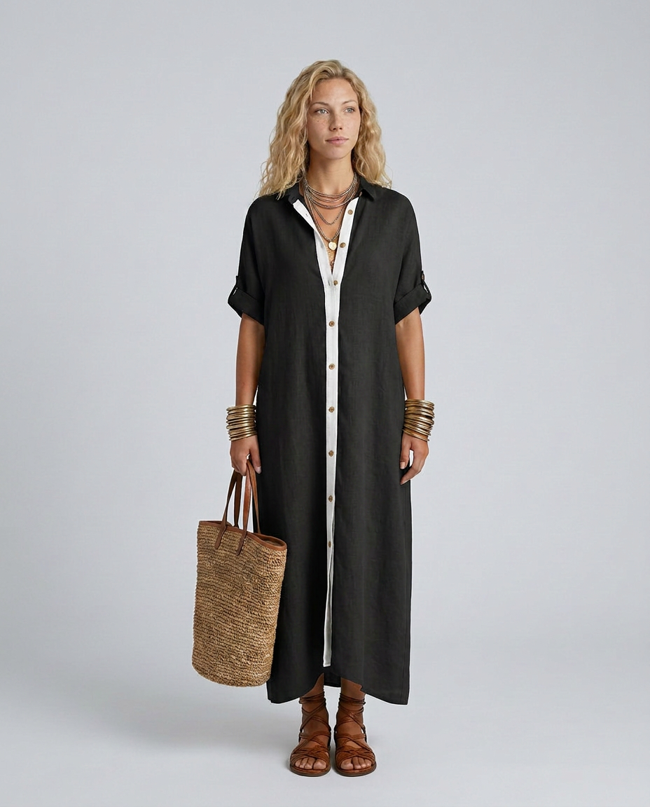 Elva | Linen-Blend Maxi Shirt Dress with Short Sleeves