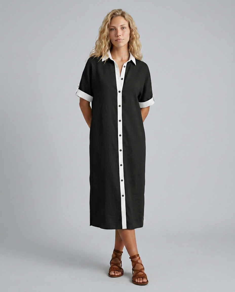 Elva | Linen-Blend Maxi Shirt Dress with Short Sleeves