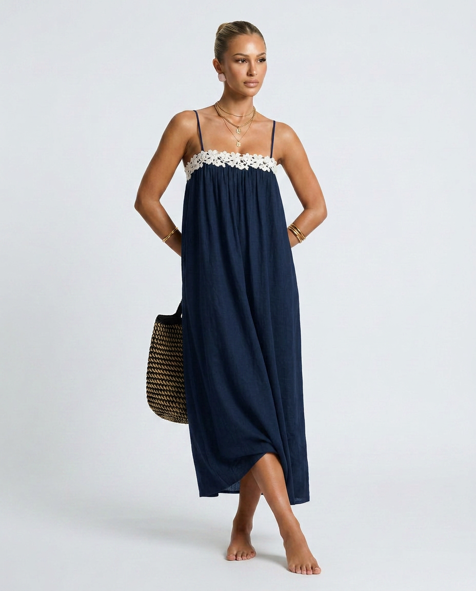 Jodie | Linen-Blend Maxi Dress with Lace Trim