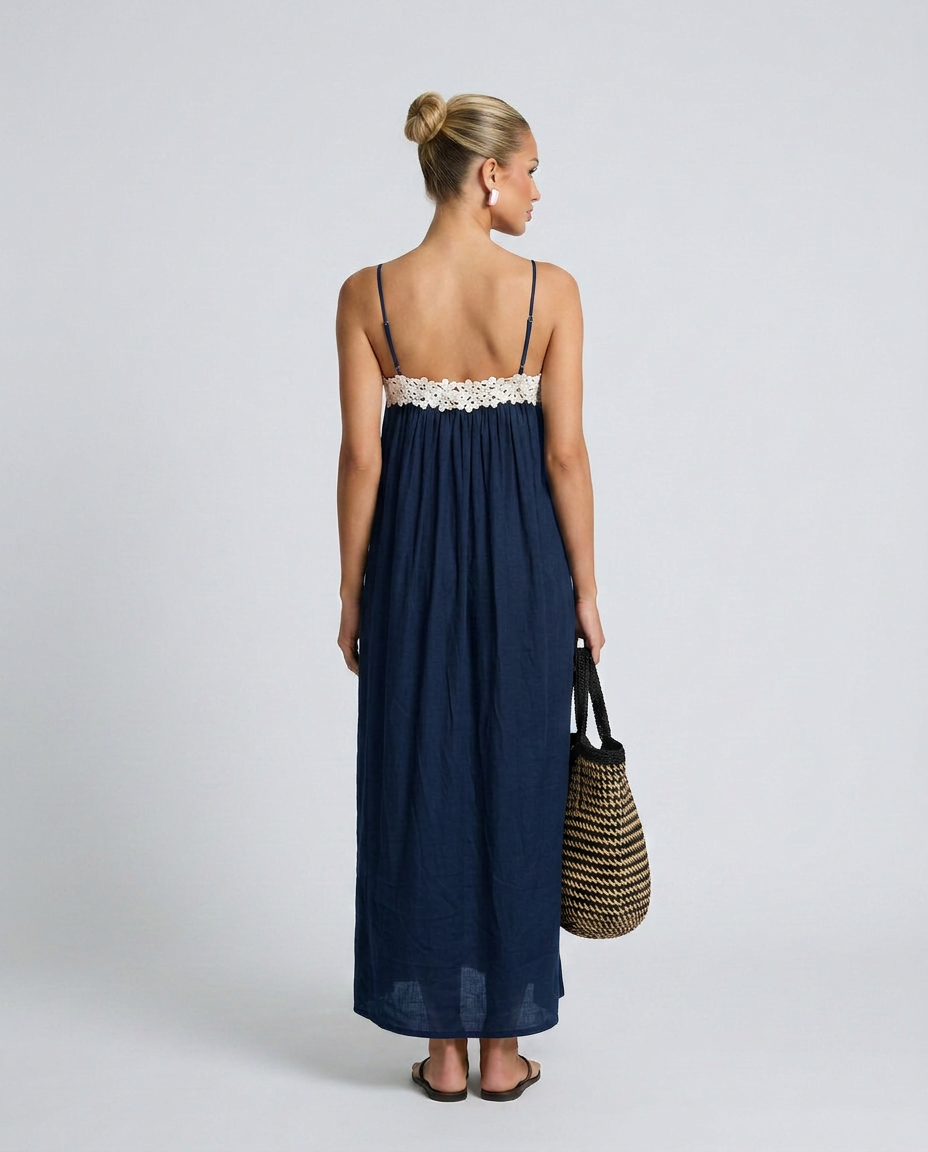 Jodie | Linen-Blend Maxi Dress with Lace Trim