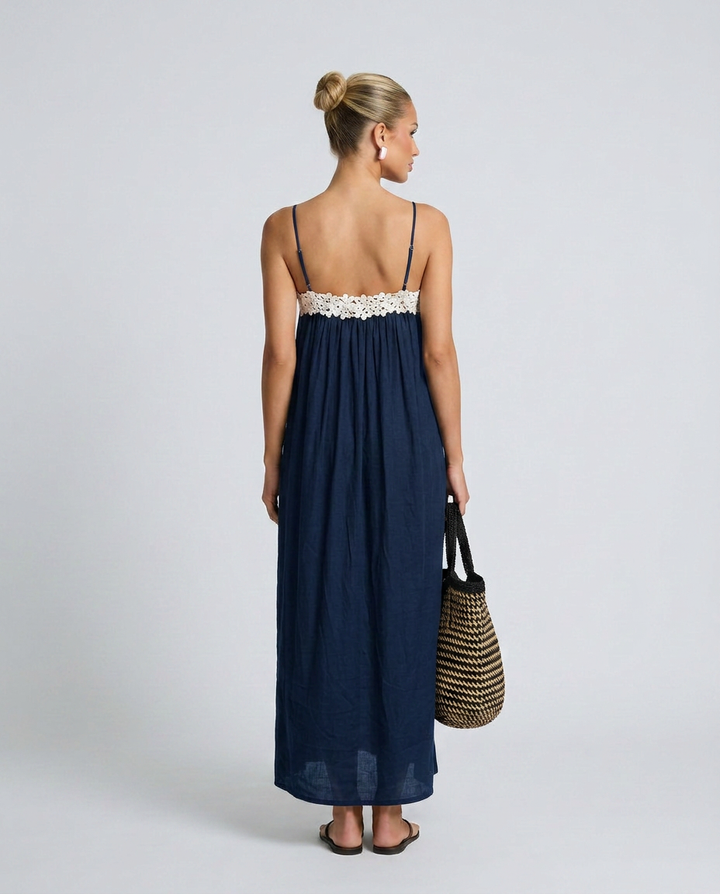 Jodie | Linen-Blend Maxi Dress with Lace Trim