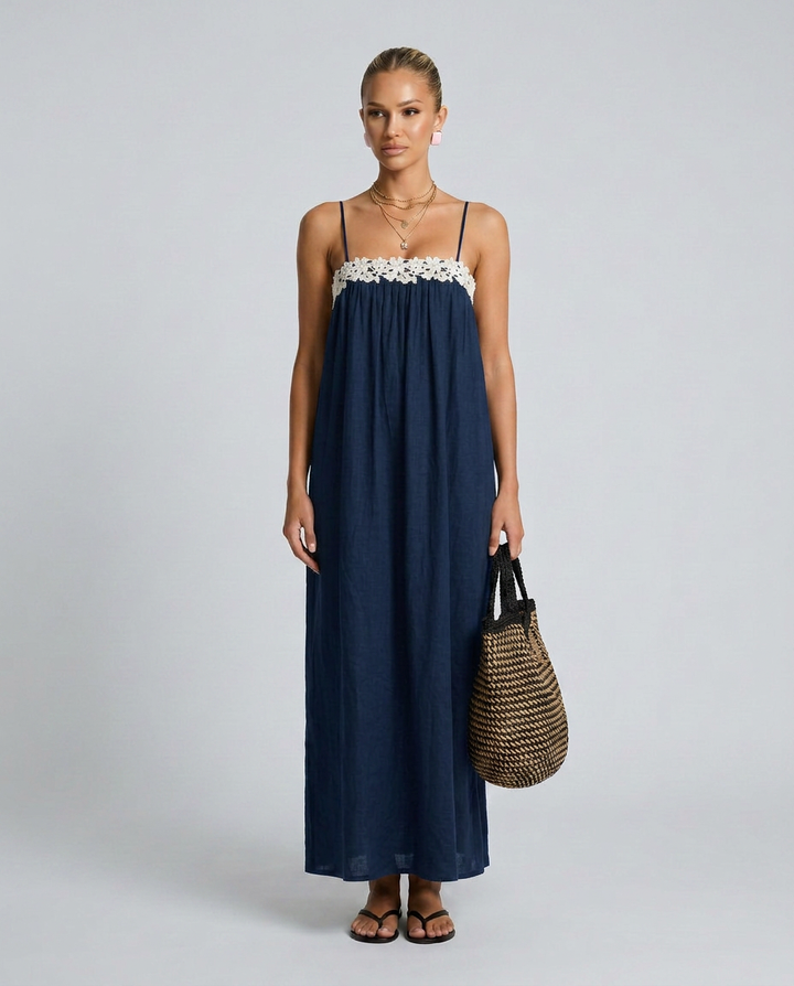 Jodie | Linen-Blend Maxi Dress with Lace Trim