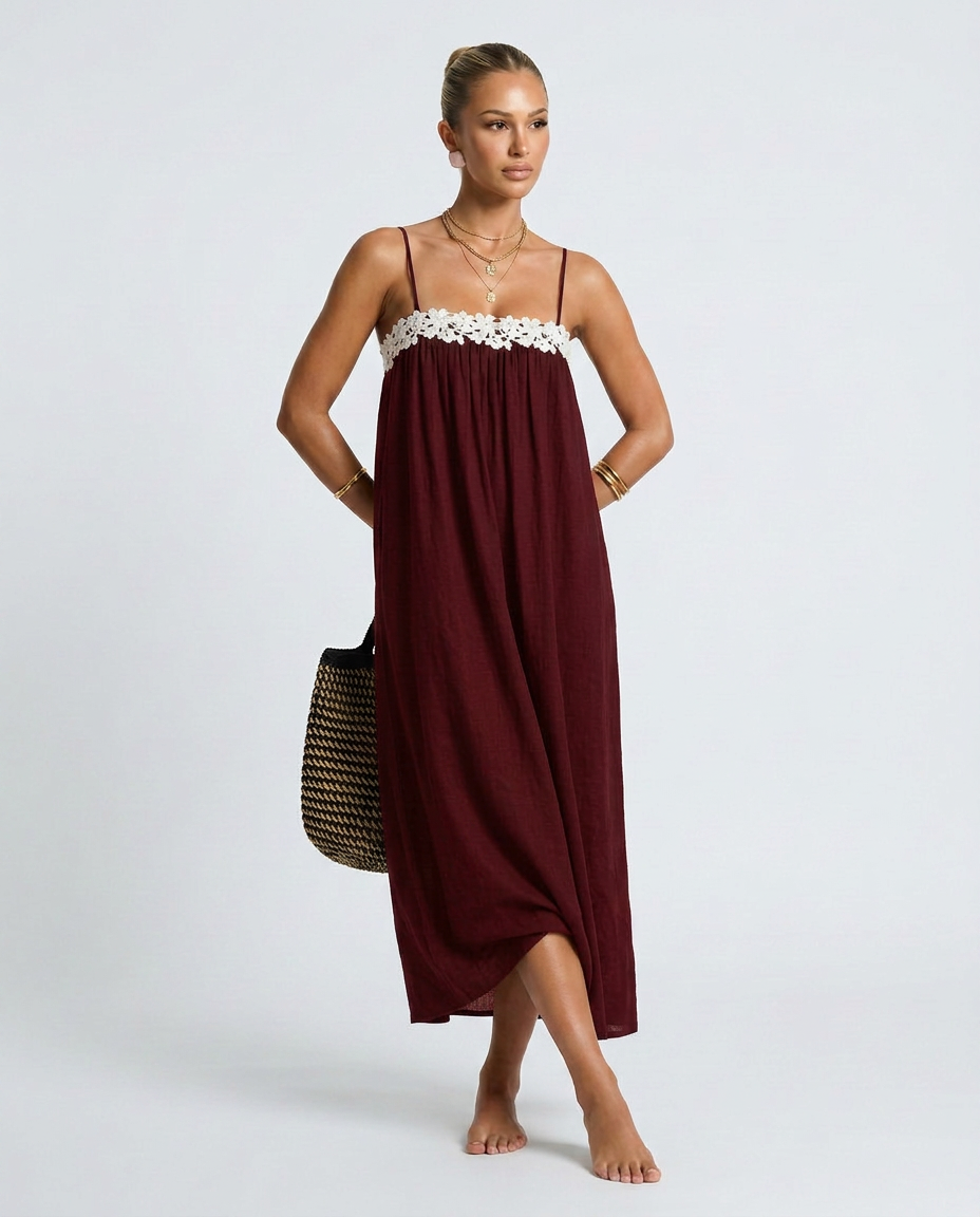 Jodie | Linen-Blend Maxi Dress with Lace Trim