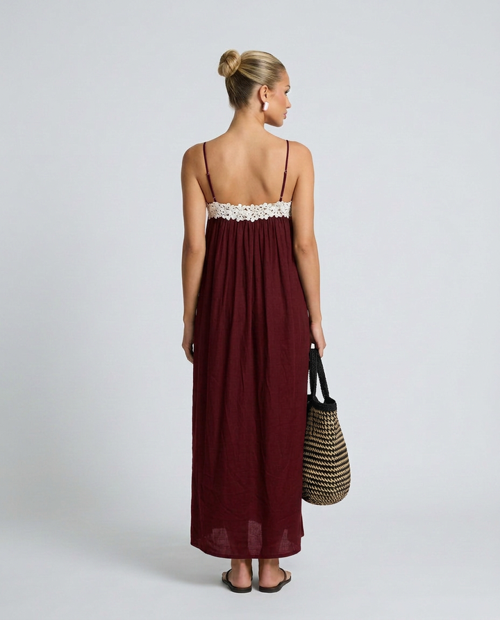 Jodie | Linen-Blend Maxi Dress with Lace Trim