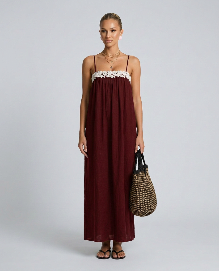 Jodie | Linen-Blend Maxi Dress with Lace Trim