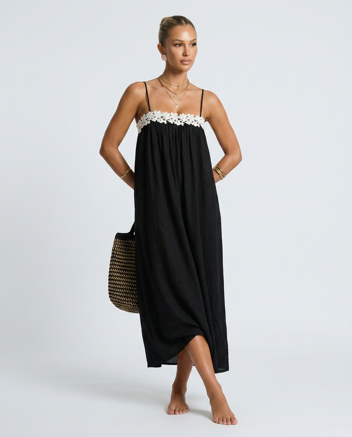 Jodie | Linen-Blend Maxi Dress with Lace Trim