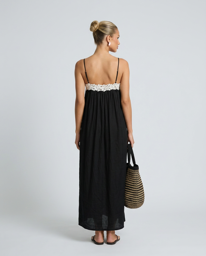 Jodie | Linen-Blend Maxi Dress with Lace Trim