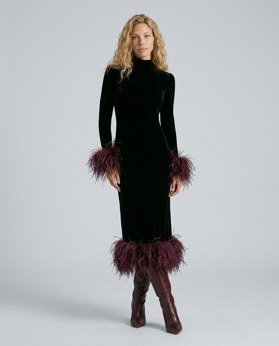 Karla | Velvet Maxi Dress with Feather Trim