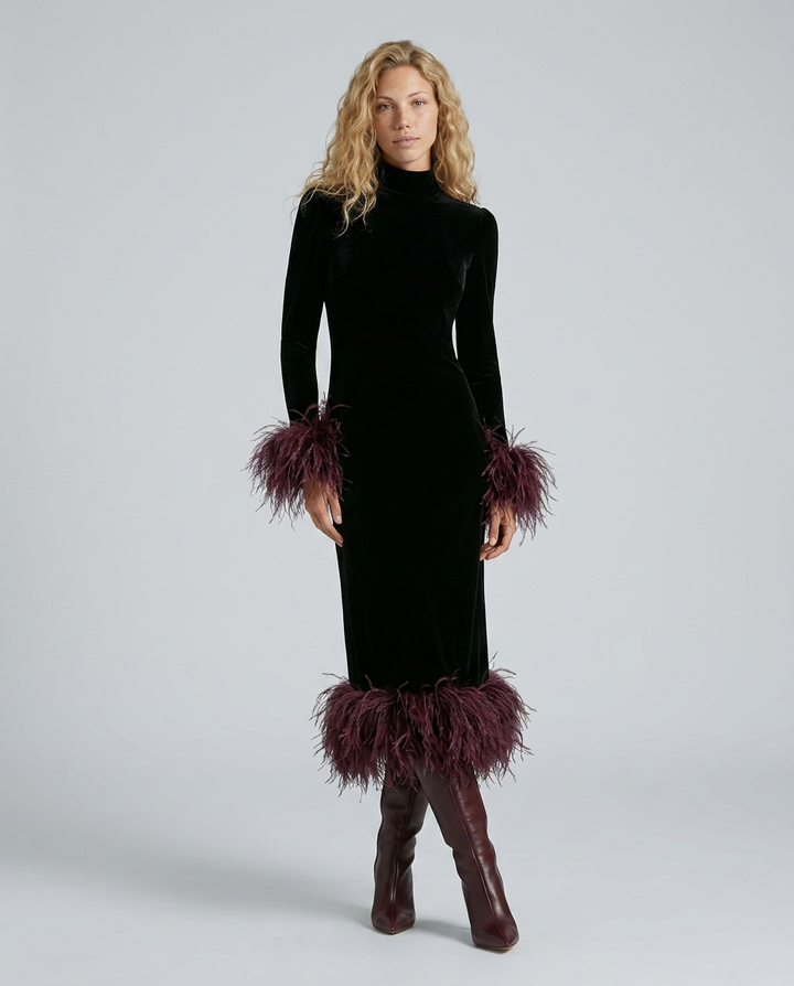 Karla | Velvet Maxi Dress with Feather Trim
