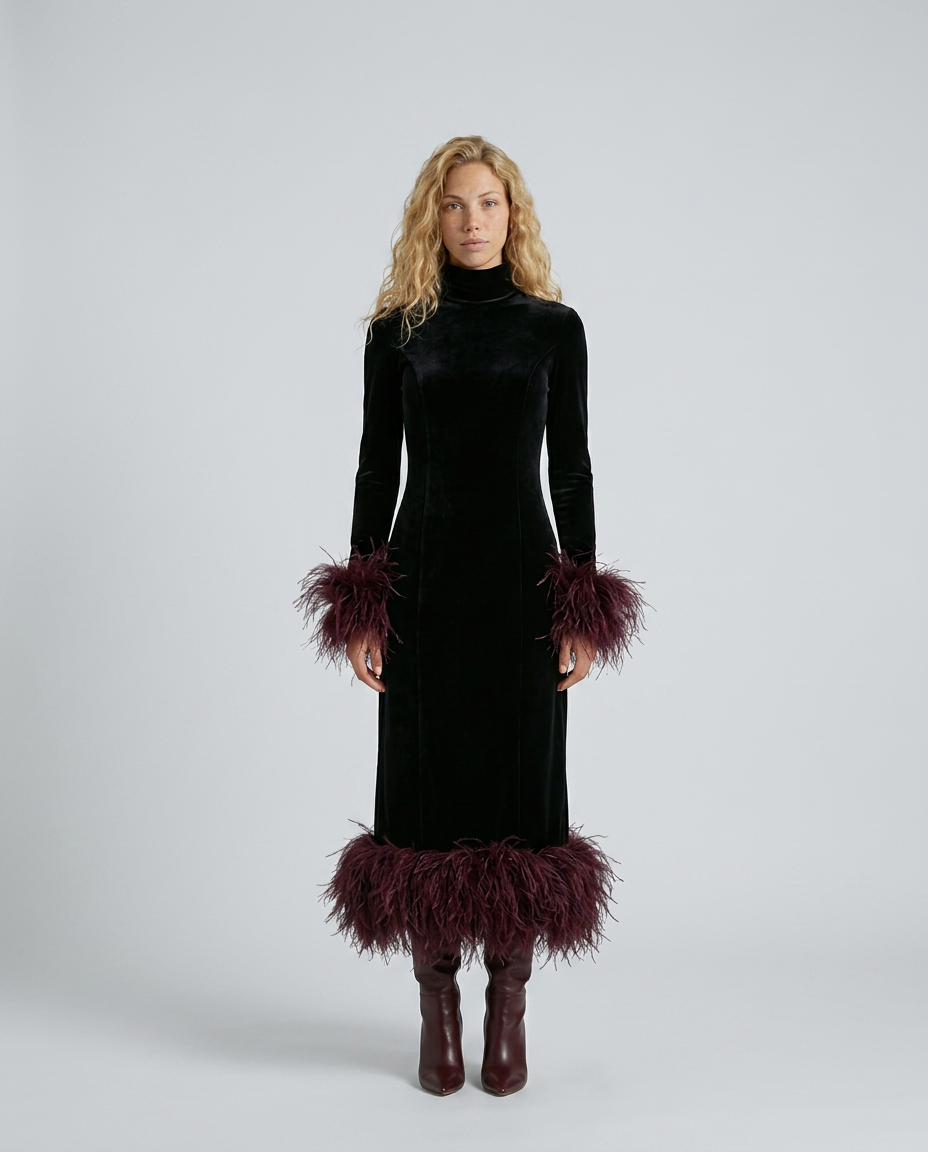 Karla | Velvet Maxi Dress with Feather Trim