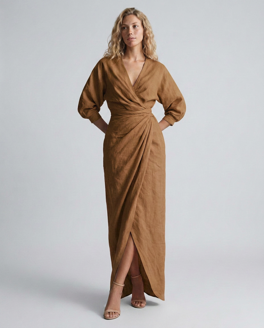 Alyssa | Linen Blend Maxi Dress with V-Neck Wrap Detail
