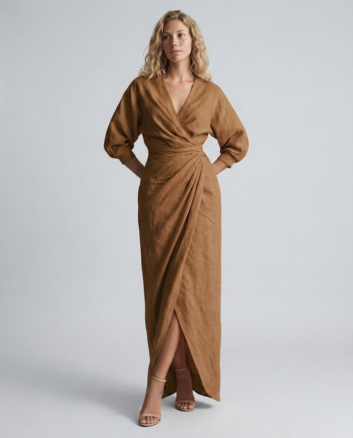 Alyssa | Linen Blend Maxi Dress with V-Neck Wrap Detail